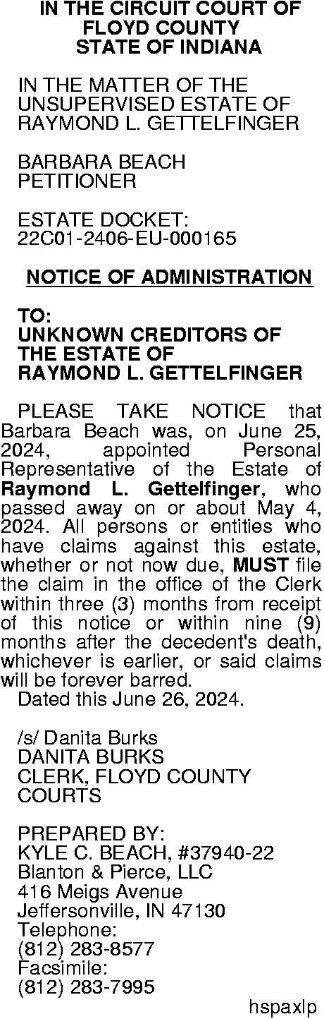 Classifieds Announcements IN THE CIRCUIT COURT OF FLOYD