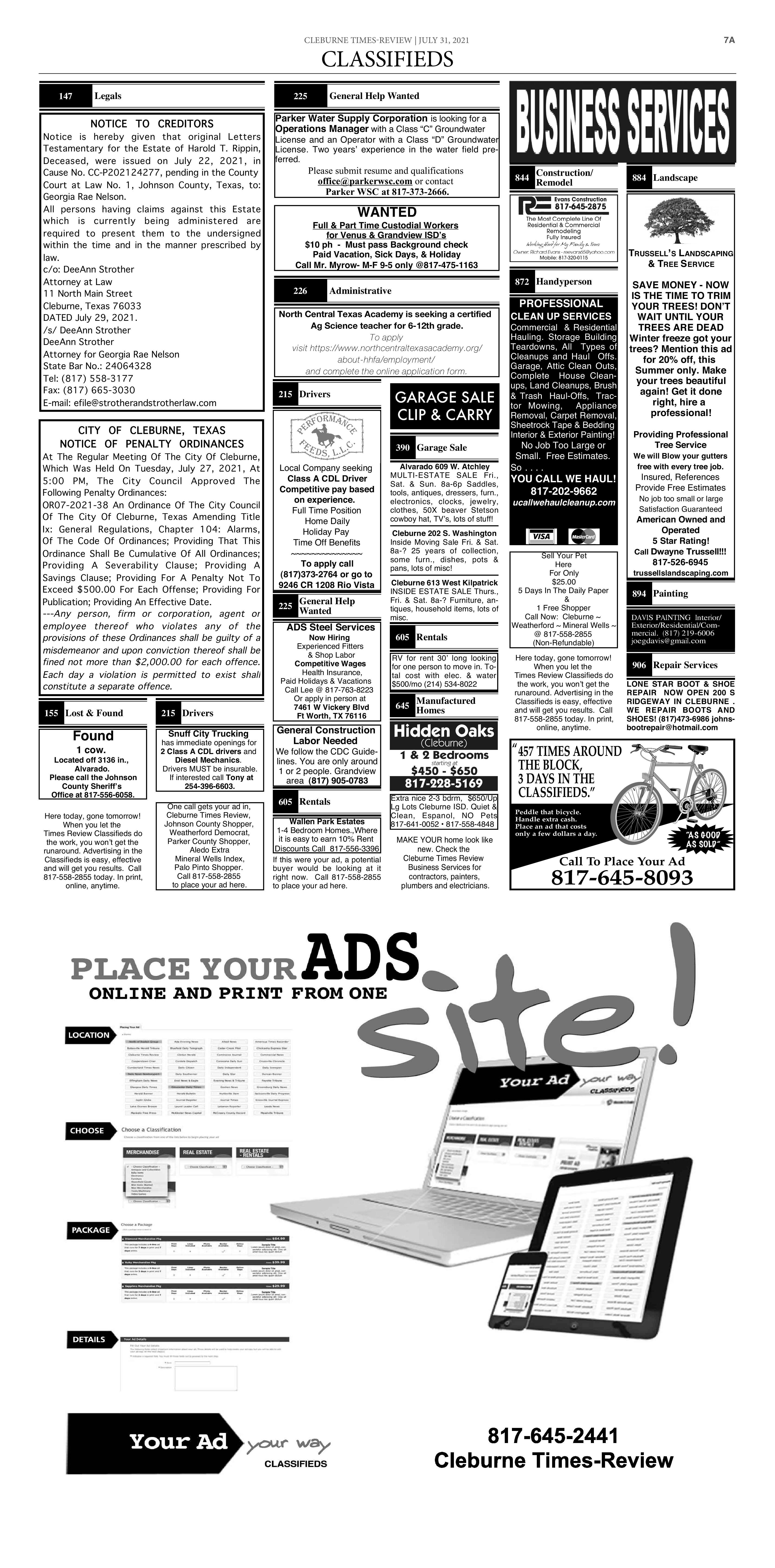 Cleburne Times Review Newspaper Ads Classifieds Announcements City Of Cleburne Texas [ 6750 x 3338 Pixel ]